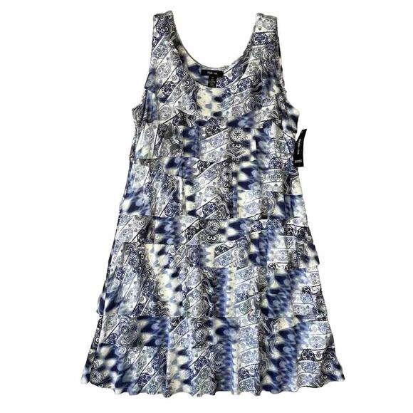 Style & Co Sleeveless Layered Ruffle Lined Dress Size M Blue White Design NWT - Picture 1 of 15